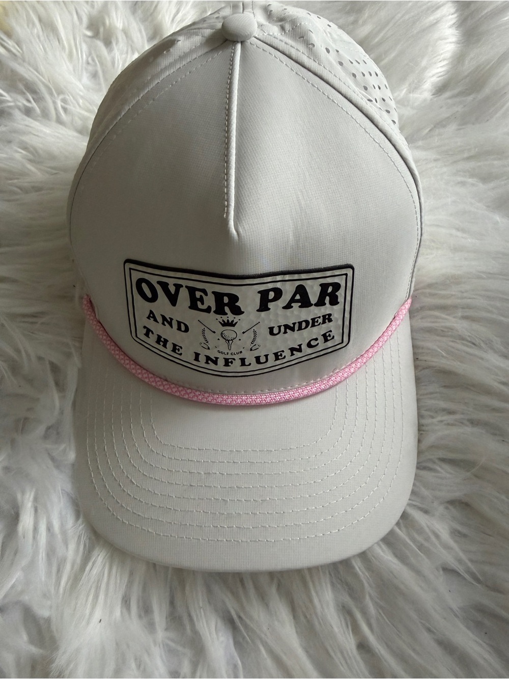White "OVER PAR AND UNDER THE INFLUENCE" Trucker Hat with Pink Rope Accent